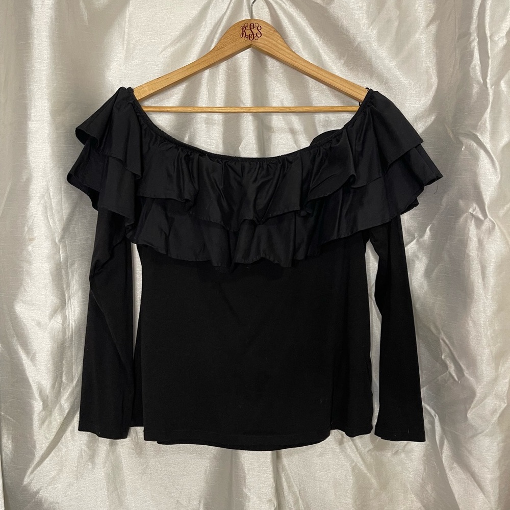 H&M Black Ruffle Classic Sexy Romantic Long Sleeve Off Shoulder Top Blouse
